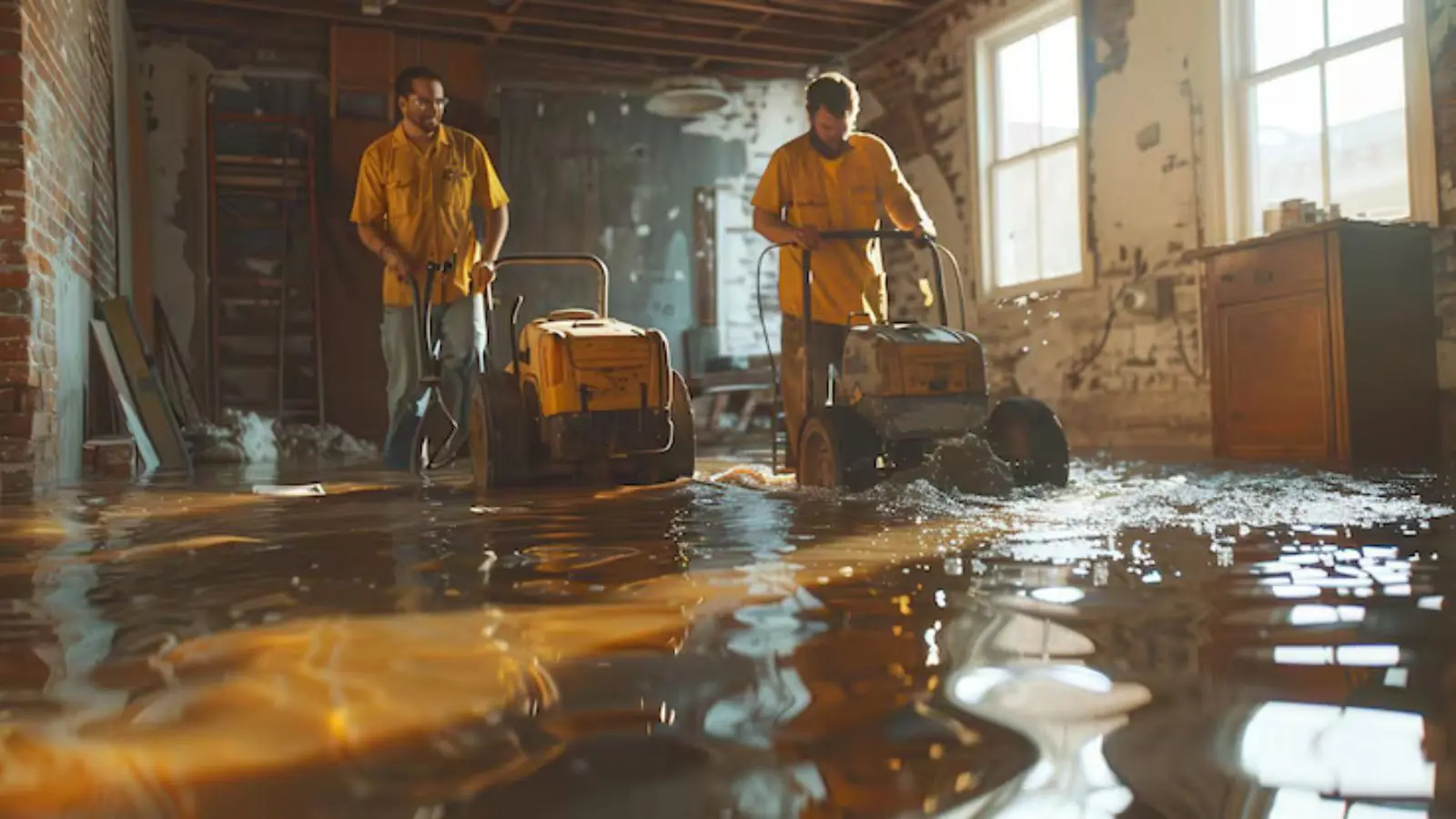 Two workers running water extraction equipment across a flooded room