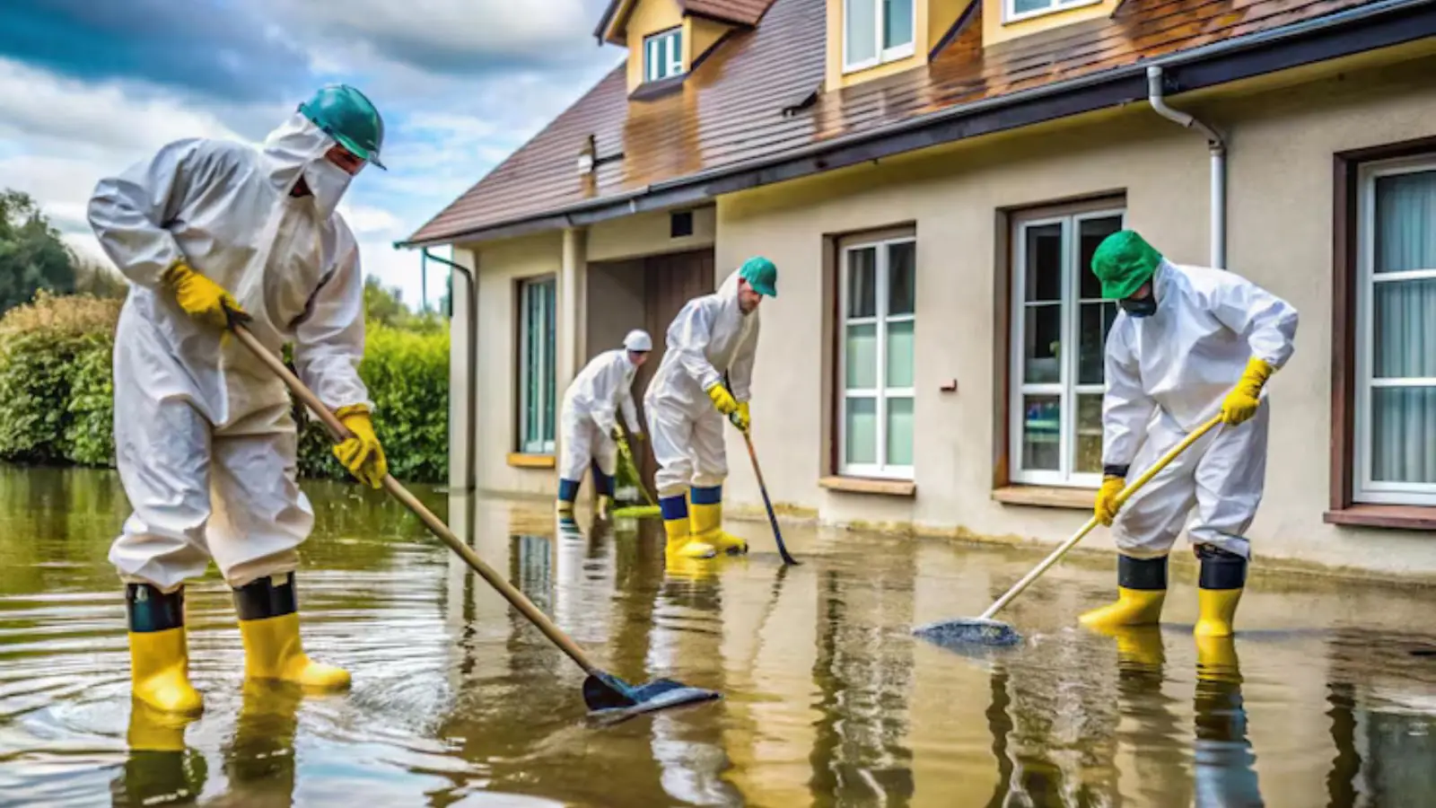 Crew in protective suits and boots wading through floodwater outside a house