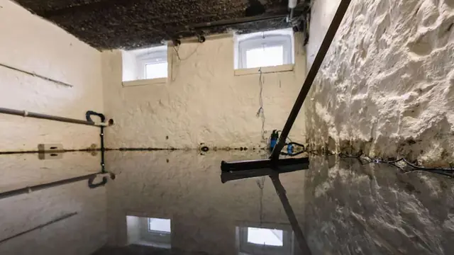 Flooded basement floor being cleared with a squeegee along a stone wall