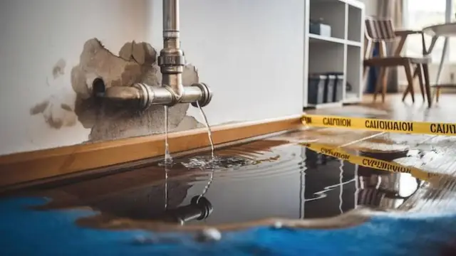 Water pouring from a damaged pipe onto the floor with caution tape in place