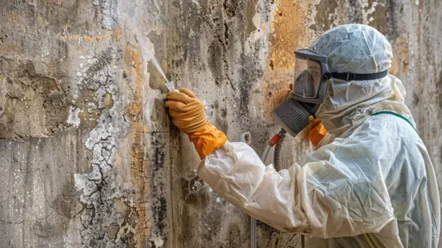 Worker in a respirator scraping damaged material off a mold-covered wall